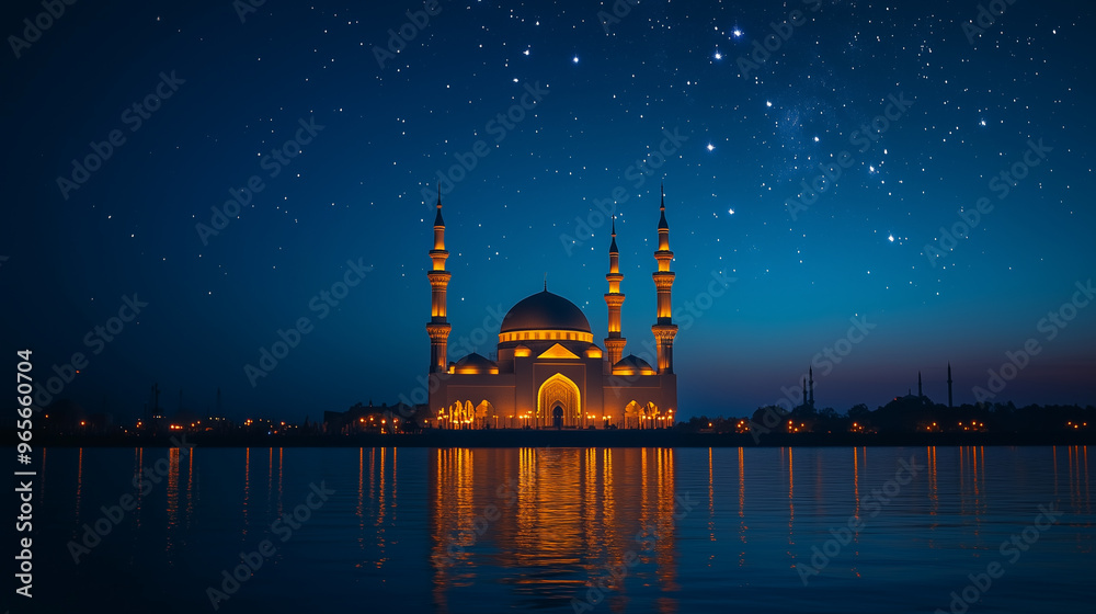 Naklejka premium Islamic wallpaper symbol of Ramadan, Mosque at night with stars, empty space for text