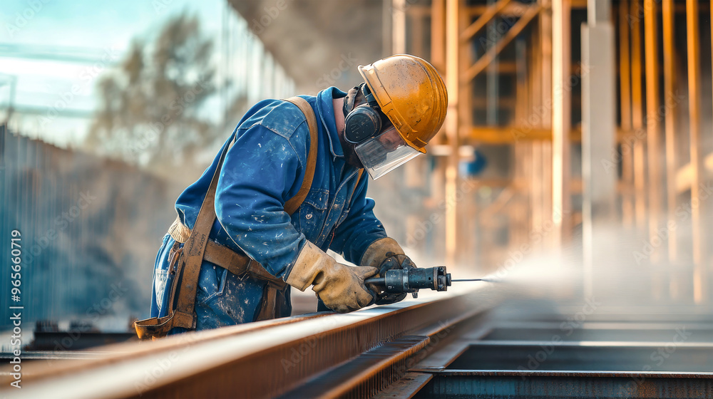 A worker in a blue uniform uses a sandblaster to prepare metal channels for painting, effectively cleaning surfaces at a construction site A worker in a blue uniform uses a sandblaster to prepare metal channels for painting, effectively cleaning surfaces at a construction site