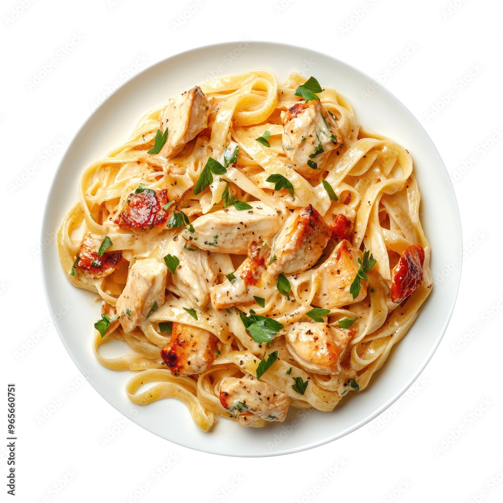 Delicious Plate of Tuscan Chicken with Vegetables over Fettuccine Isolated on a Transparent Background Delicious Plate of Tuscan Chicken with Vegetables over Fettuccine Isolated on a Transparent Background