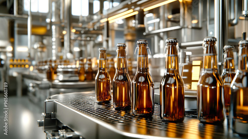 Brown glass bottles move along the production line as beer is being bottled, labeled, and prepared for branding in a bustling brewery setting