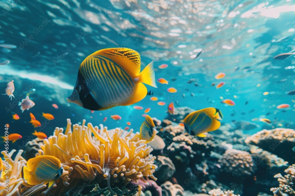 Fototapeta premium Tropical fish swimming over a coral reef in clear blue water