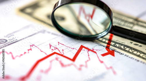 A red arrow points downward near a dollar bill, while a magnifying glass emphasizes the looming stock market crash reflected in the falling chart