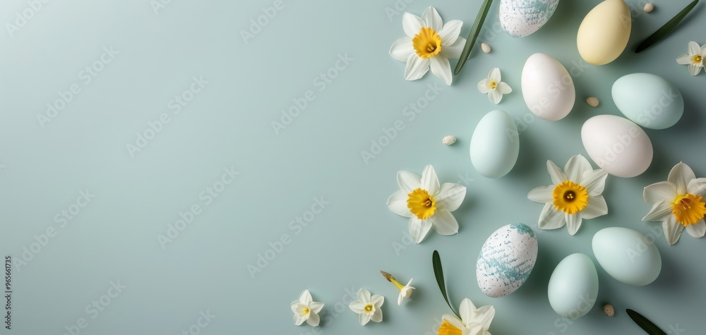 Colorful Easter eggs and flowers arranged on a soft blue background, perfect for spring celebrations and festive decorations. Colorful Easter eggs and flowers arranged on a soft blue background, perfect for spring celebrations and festive decorations.