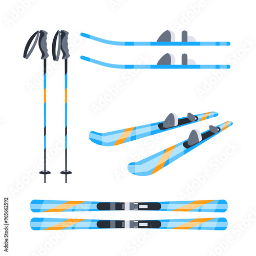 Set of different types of skis and ski poles for winter sports