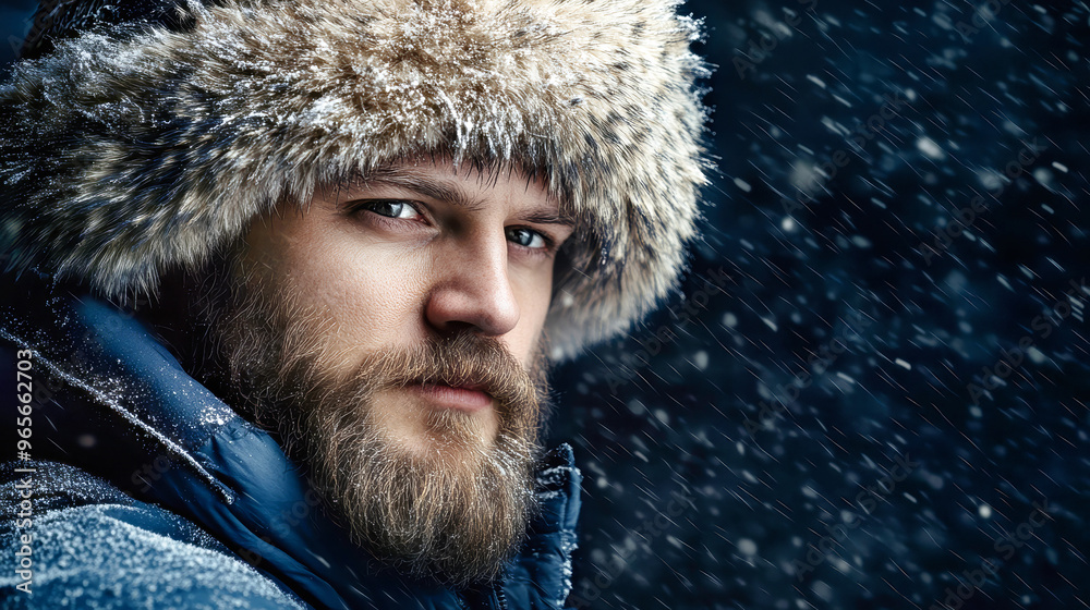 In a snowy backdrop, a bearded Russian man dressed in a warm fur hat gazes intensely, showcasing his character against a winter wonderland In a snowy backdrop, a bearded Russian man dressed in a warm fur hat gazes intensely, showcasing his character against a winter wonderland