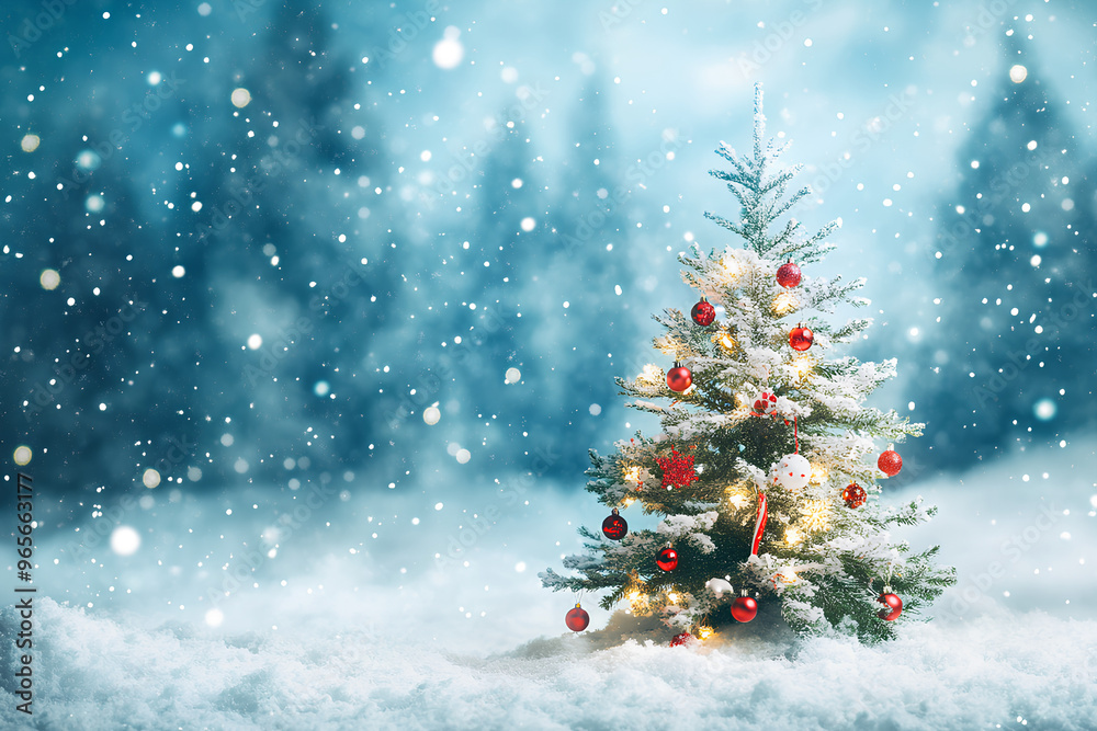 Obraz premium A festive Christmas tree adorned with ornaments, set against a snowy winter backdrop.