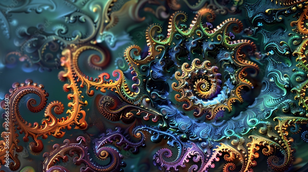Abstract fractal pattern with swirling, colorful shapes and textures.