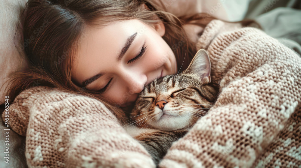 A joyful girl cuddles her sleeping feline friend, sharing a warm moment filled with love and comfort in a cozy bedroom setting A joyful girl cuddles her sleeping feline friend, sharing a warm moment filled with love and comfort in a cozy bedroom setting