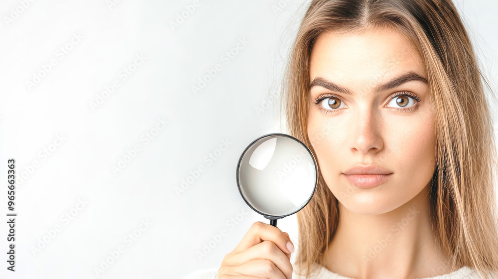 A woman focuses intensely while holding a magnifying glass, looking through it as she stands near a search bar, conveying curiosity and engagement A woman focuses intensely while holding a magnifying glass, looking through it as she stands near a search bar, conveying curiosity and engagement