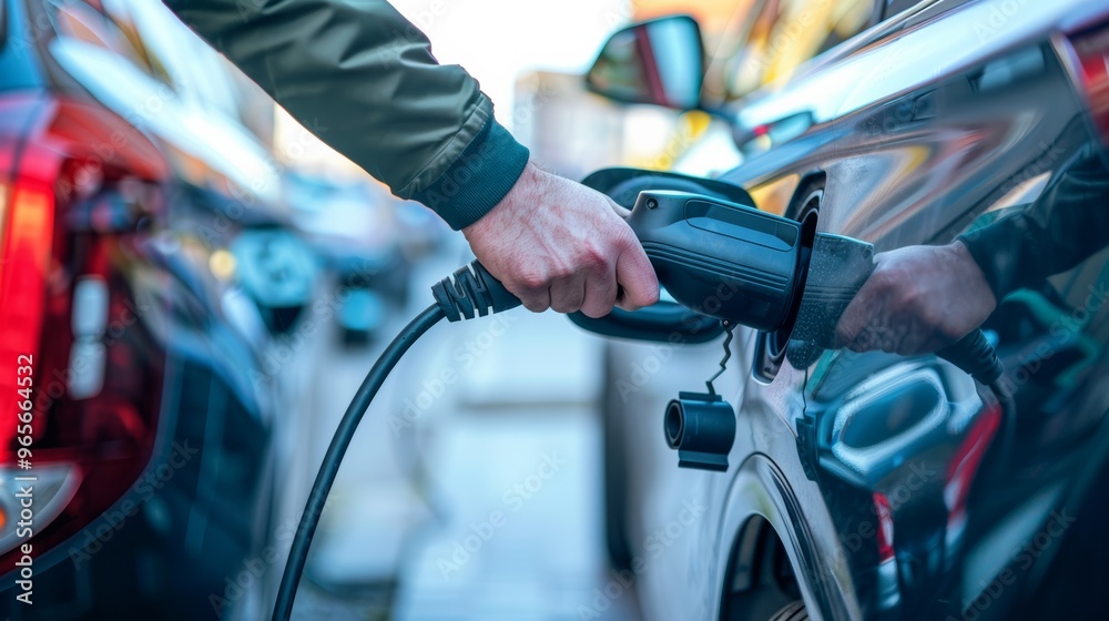 Man's hand inserting a power plug into a hybrid car charger, urban background Man's hand inserting a power plug into a hybrid car charger, urban background