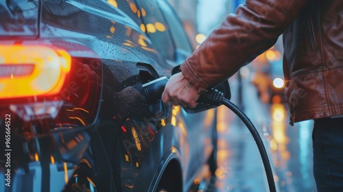 Man's hand inserting a power plug into a hybrid car charger, urban background