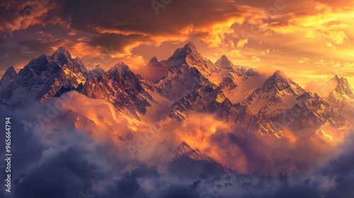 Stunning sunset over snowy peaks with mist clouds, rich golden colors