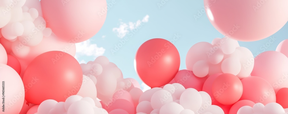 Balloon-filled sky, fluffy clouds, whimsical soft tones, 3D illustration Balloon-filled sky, fluffy clouds, whimsical soft tones, 3D illustration