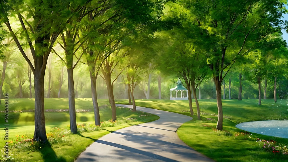 Obraz premium View of beautiful park with green trees and pathway
