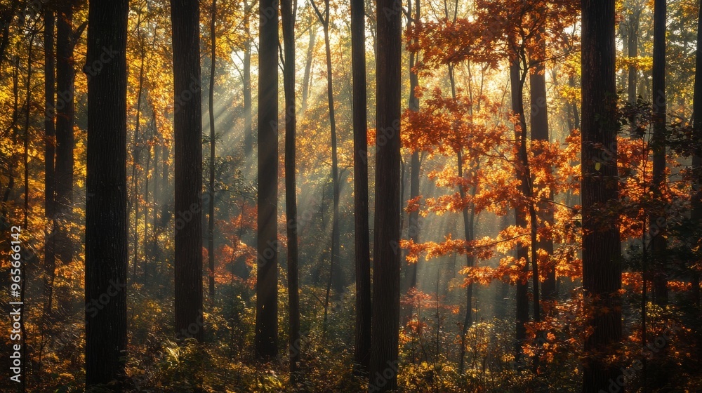 Fototapeta premium A forest bathed in autumn light, with trees displaying their full autumn splendor.