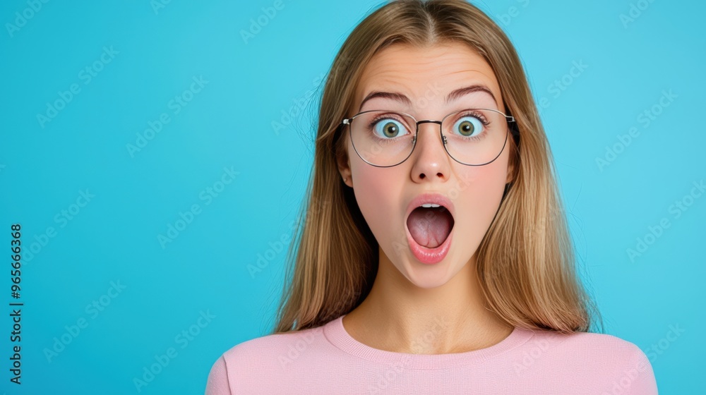 A surprised young woman with glasses expresses shock against a bright blue background, capturing an authentic emotional reaction. A surprised young woman with glasses expresses shock against a bright blue background, capturing an authentic emotional reaction.