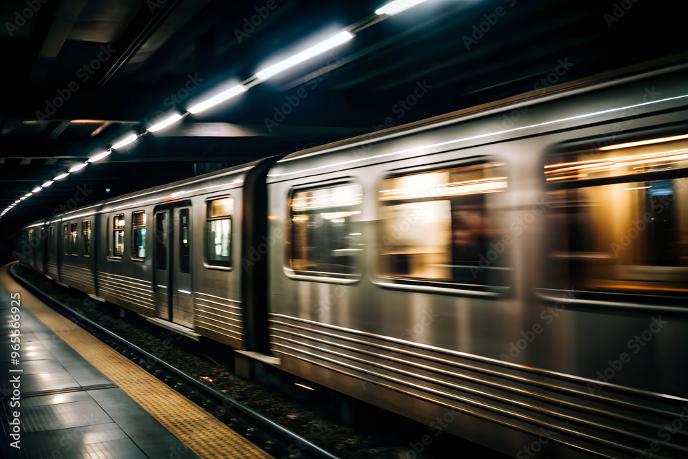 Fototapeta premium the subway train in motion blur runs from left to right.
