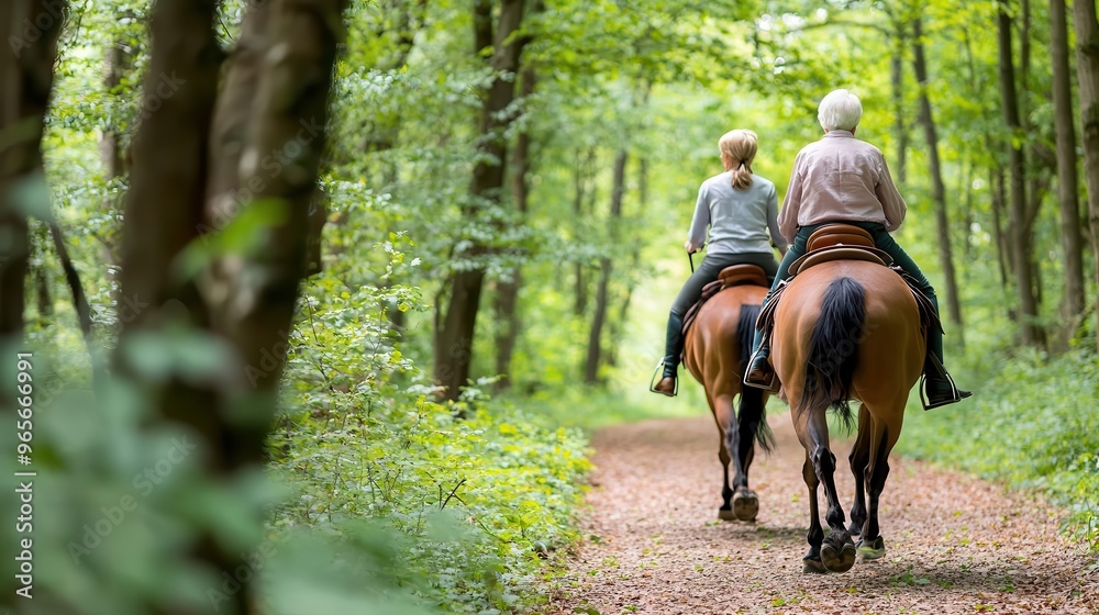 Senior couple horseback riding through a forest trail, peaceful and scenic, senior horseback riding, nature and adventure Senior couple horseback riding through a forest trail, peaceful and scenic, senior horseback riding, nature and adventure