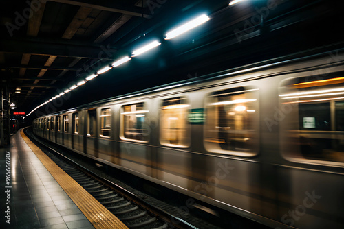 the subway train in motion blur runs from left to right. photo