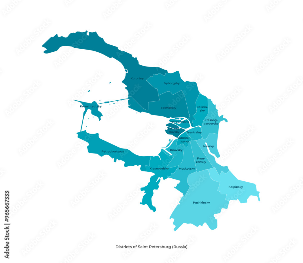 Obraz premium Vector modern isolated illustration. Simplified administrative map of Saint Petersburg in Russia in blue colors. Names of districts in english language
