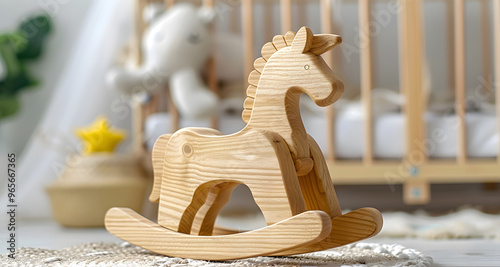 Scandinavian Simplicity: A Handmade Wooden Rocking Horse in a Sleek, Minimalist Playroom photo