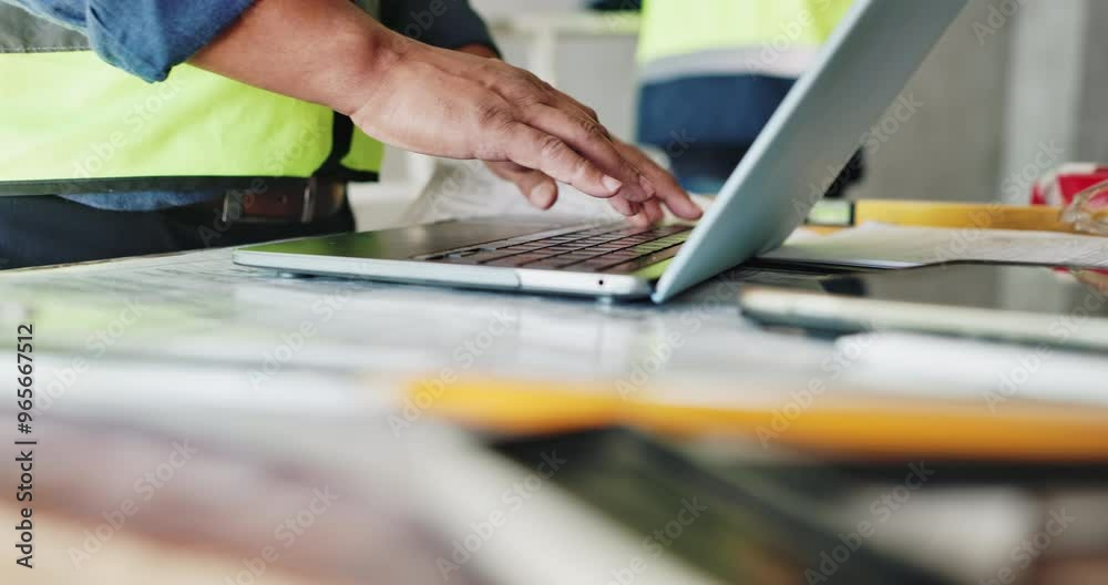 Man, laptop and contractor hands for plan on construction site, design layout and email client. Person, developer and online for graphic tools to draw blueprint, civil engineer and upgrade property Man, laptop and contractor hands for plan on construction site, design layout and email client. Person, developer and online for graphic tools to draw blueprint, civil engineer and upgrade property