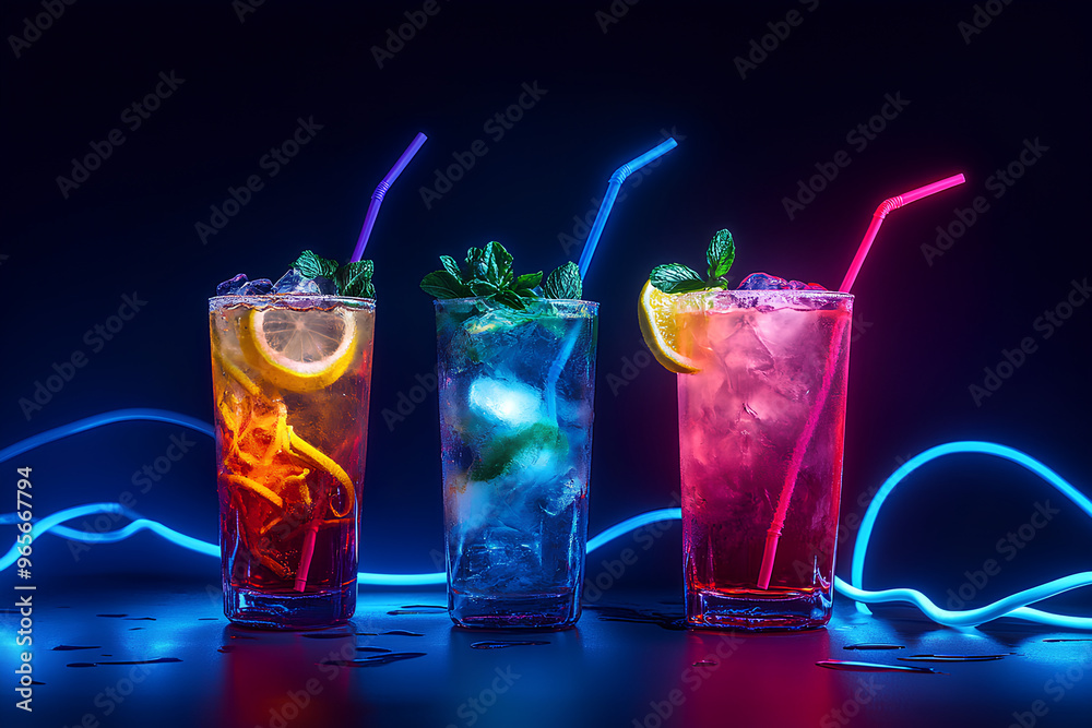 Three colorful cocktails with neon straws and mint leaves against a dark background. Three colorful cocktails with neon straws and mint leaves against a dark background.