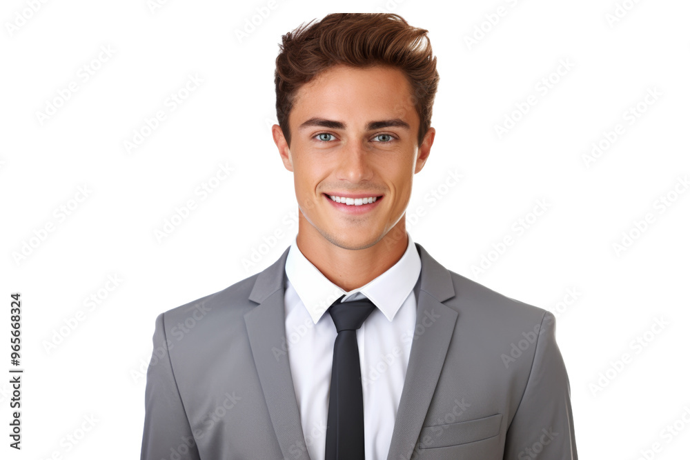 Handsome young man in business attire, featuring a gray shirt and a welcoming smile. Isolated on white background Handsome young man in business attire, featuring a gray shirt and a welcoming smile. Isolated on white background