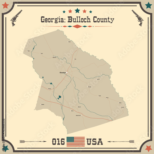Large and accurate map of Bulloch County, Georgia, USA with vintage colors.