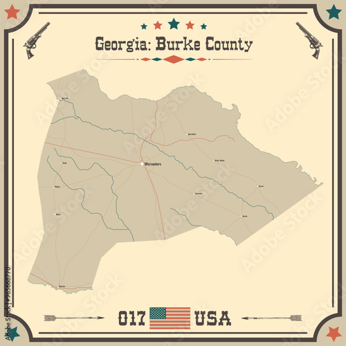 Large and accurate map of Burke County, Georgia, USA with vintage colors.