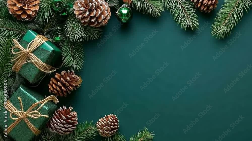 A festive arrangement of wrapped Christmas gifts, pine cones, and evergreen branches on a green background. A festive arrangement of wrapped Christmas gifts, pine cones, and evergreen branches on a green background.