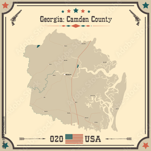 Large and accurate map of Camden County, Georgia, USA with vintage colors. photo