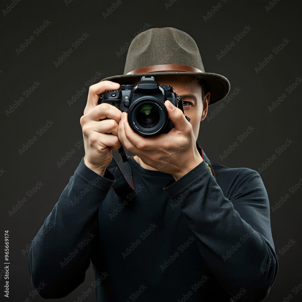 The man with the hat is taking pictures The man with the hat is taking pictures