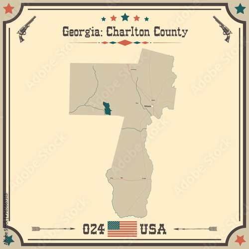 Large and accurate map of Charlton County, Georgia, USA with vintage colors.