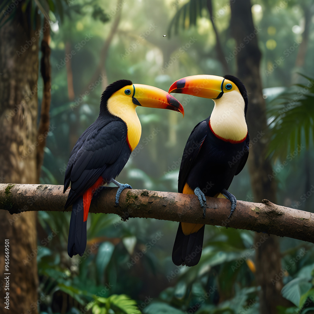 Fototapeta premium Two toucan tropical bird sitting on a tree