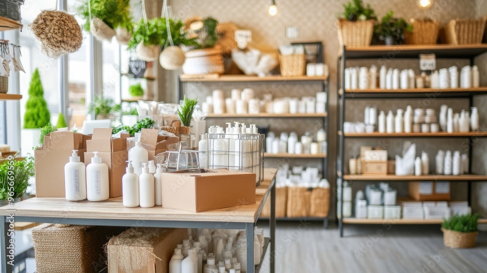 A stylish perfume store uses natural materials in a Scandinavian design, featuring handmade cosmetics on minimalist wooden shelves and gray tiles for an eco-friendly vibe A stylish perfume store uses natural materials in a Scandinavian design, featuring handmade cosmetics on minimalist wooden shelves and gray tiles for an eco-friendly vibe