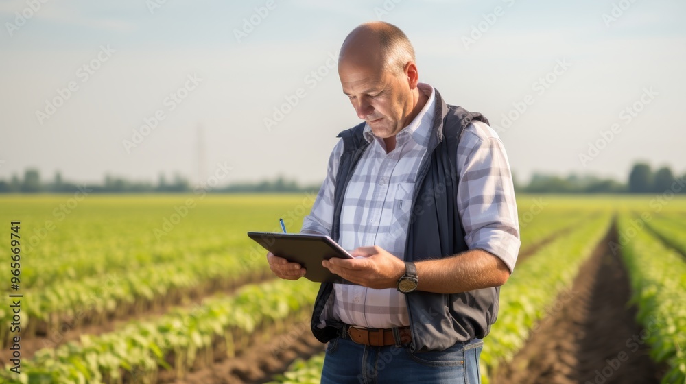 Farmer utilizing a digital tablet for field management Farmer utilizing a digital tablet for field management