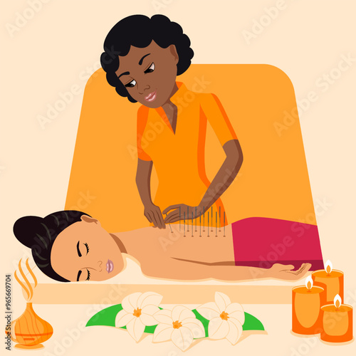 Needle Acupuncture treatment by professional acupuncturist in spa. Isolated flat vector illustration. African and Eastern ethnicity.