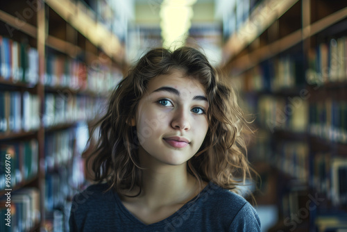 Curious young teen in a cozy library surrounded by books and knowledge. Generative AI