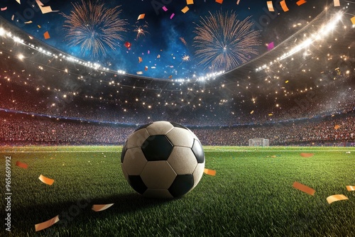 soccer tournament, soccer stadium, celebration feel, fireworks, colorful theme, realistic