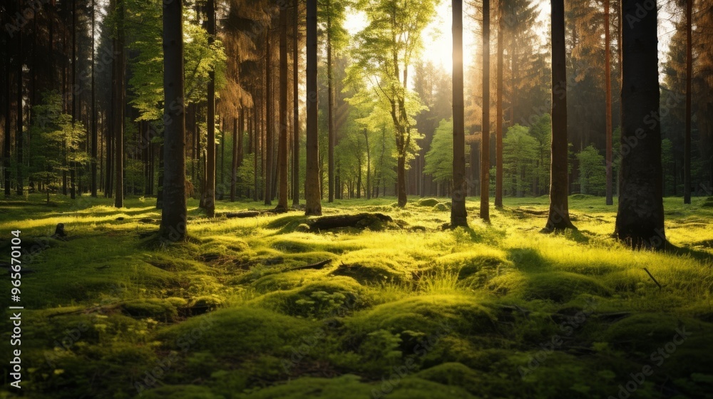 Fototapeta premium Green grass in a tranquil summer forest at golden hour
