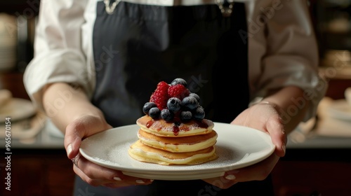 Hand holding a plate of blueberry pancake