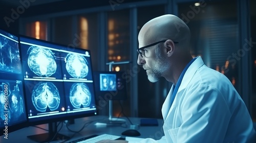 Scientist in glasses studying brain images on large monitor in clinical lab copy space professional atmosphere