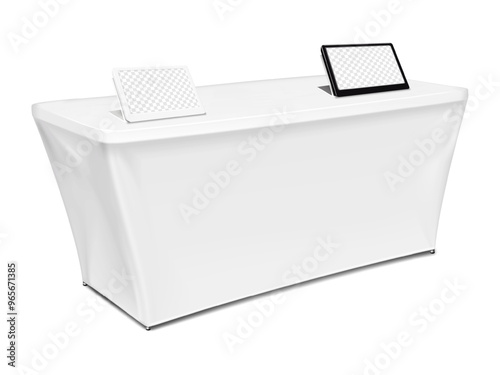 Exhibition set template. Tradeshow table with blank stretch cover for brand design, white and black tablet or e-paper display stands. 3d mockup. Trade show booth kit. Vector mock-up
