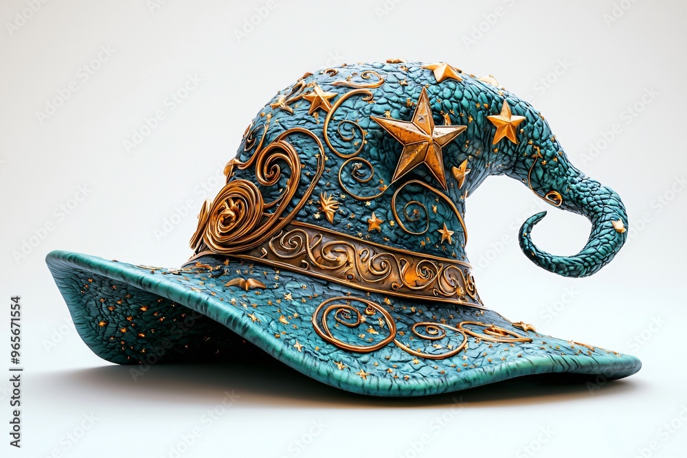 Fototapeta premium Whimsical wizard hat perfect for Halloween festivities, featuring intricate gold patterns, ideal for costumes, decorations, or themed parties. With copy space.