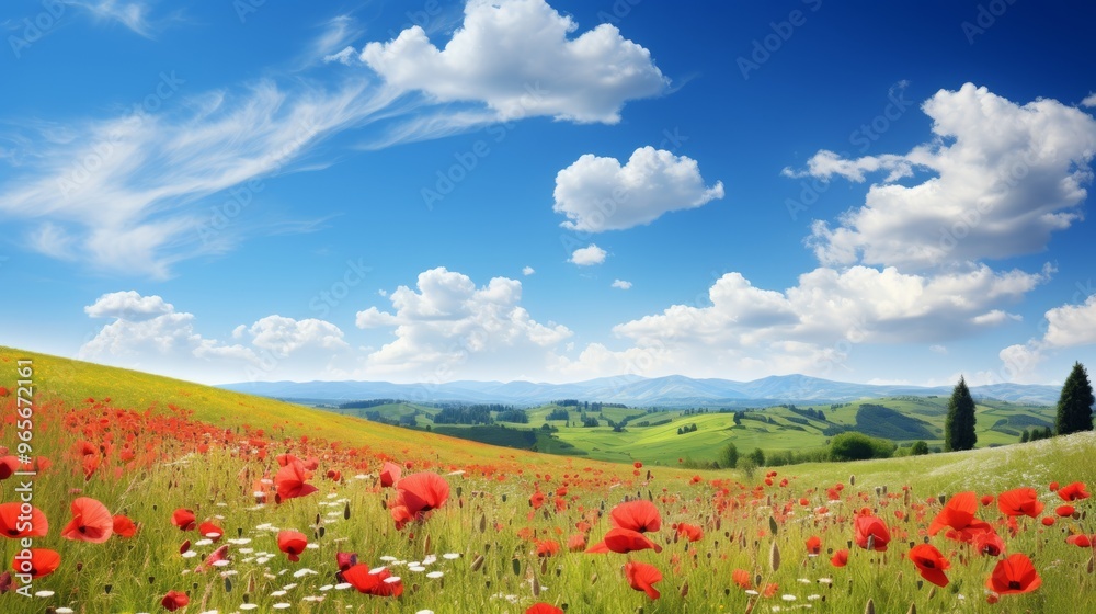Vast meadow with blooming poppies, clear summer sky, vibrant colors, natural beauty Vast meadow with blooming poppies, clear summer sky, vibrant colors, natural beauty