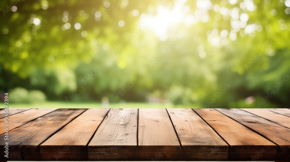Weathered wooden table with a defocused garden background, bright and fresh atmosphere Weathered wooden table with a defocused garden background, bright and fresh atmosphere