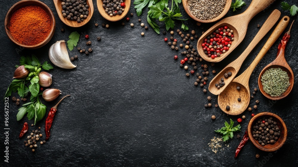 A top-down view of assorted kitchen utensils and ingredients on a black wooden background. Spices A top-down view of assorted kitchen utensils and ingredients on a black wooden background. Spices