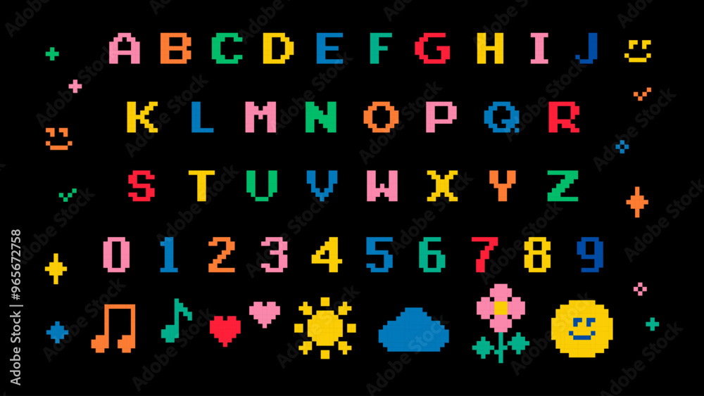 Childish font set in pixel art. Pixel alphabet letters and number. Funny naive design elements. Mood of 90's aesthetics. 8-bit retro style vector typeface for kids design, game, website, print, card Childish font set in pixel art. Pixel alphabet letters and number. Funny naive design elements. Mood of 90's aesthetics. 8-bit retro style vector typeface for kids design, game, website, print, card