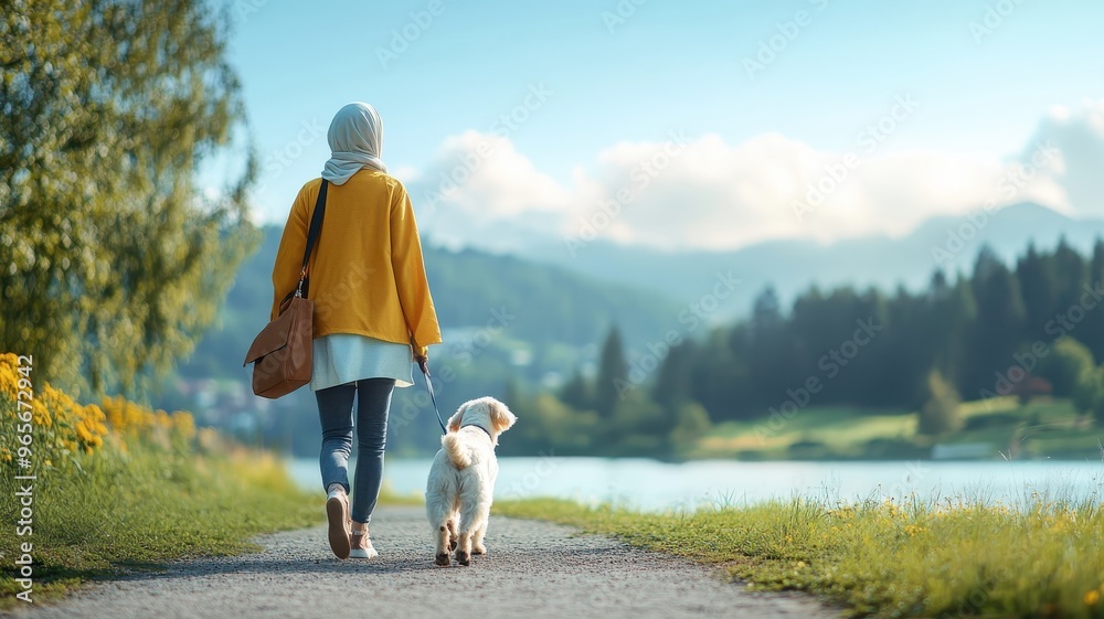 A Muslim woman and her dog enjoying a peaceful walk in a scenic park, wearing a hijab and casual attire.
